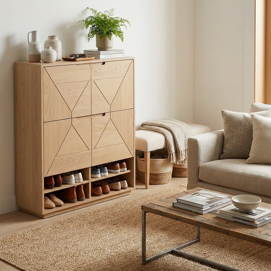 Light Oak Geometric Shoe Storage Cabinet